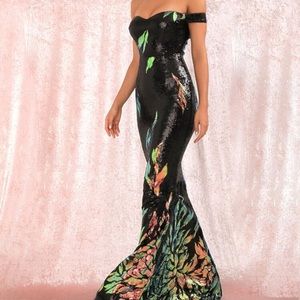 Off the shoulder fishtail hem sequence dress